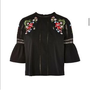 Topshop embroidered cotton poplin top black & floral like new condition. US 4